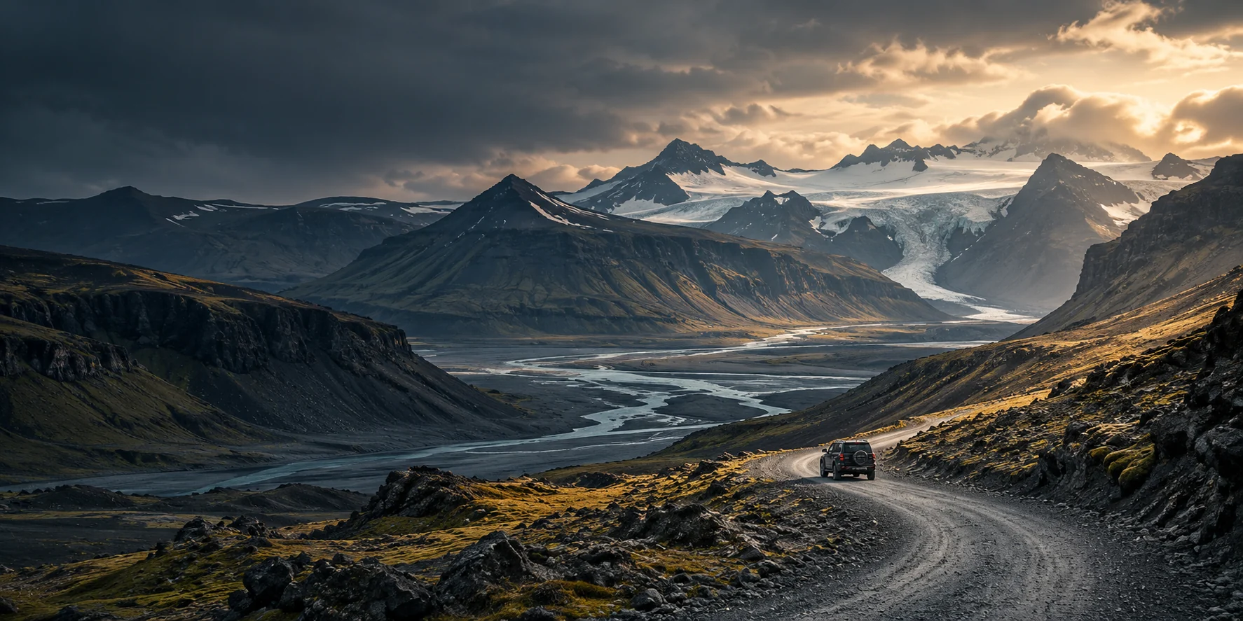 Remote Icelandic highland road and mountain landscape