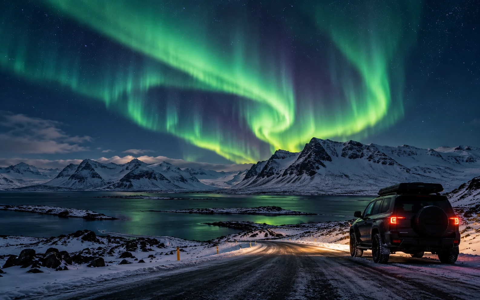 Northern lights over snowy Icelandic mountains