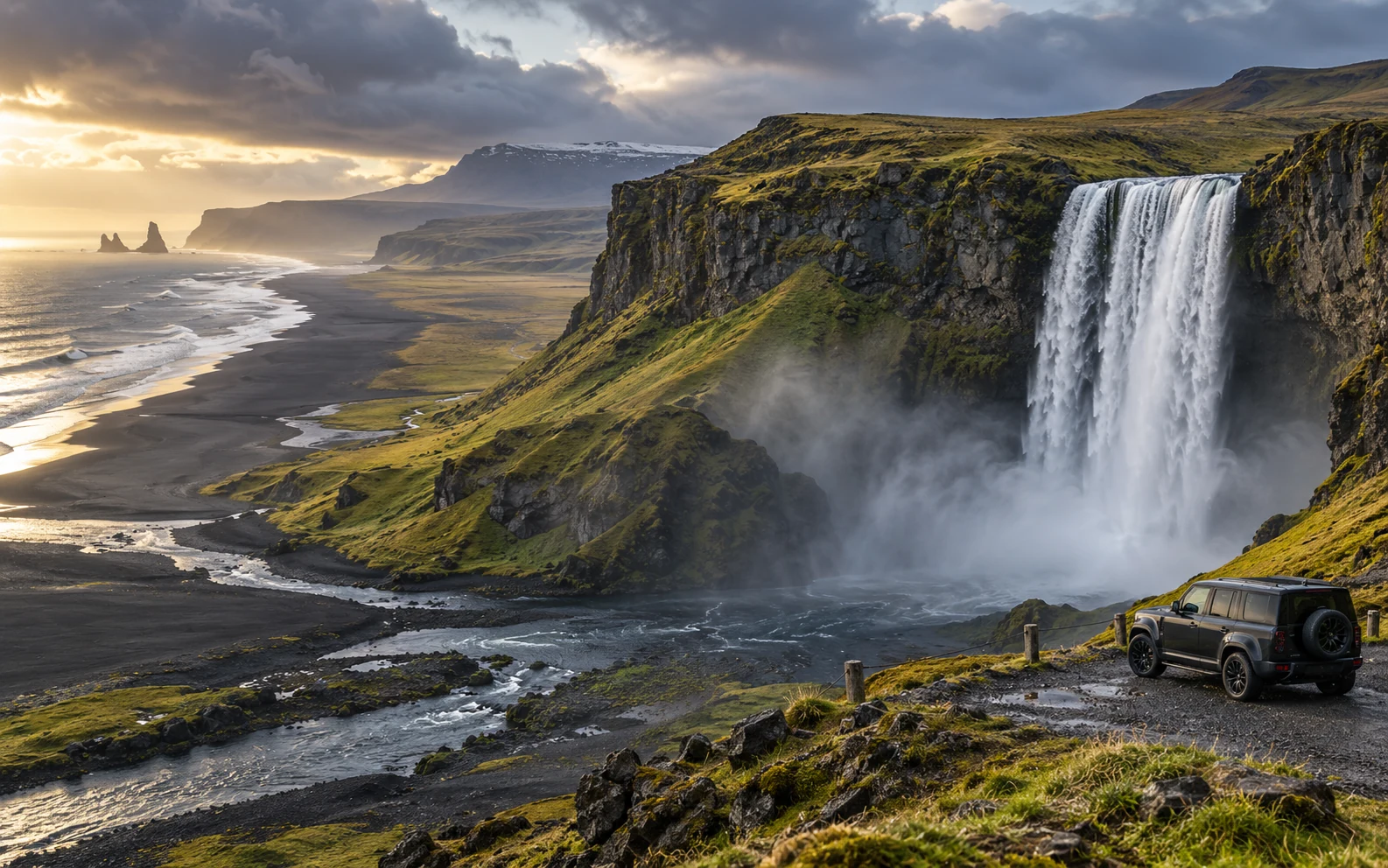 Waterfall and rugged South Coast landscape in Iceland